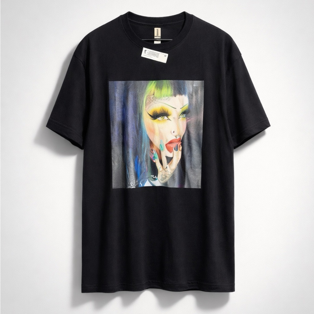 Custom Printed Black T-shirt w Woman's Face Design, Unisex Size L